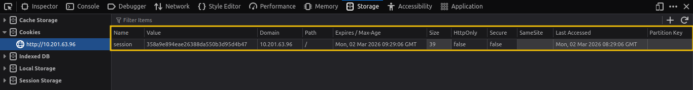 Cookie option in storage tab.