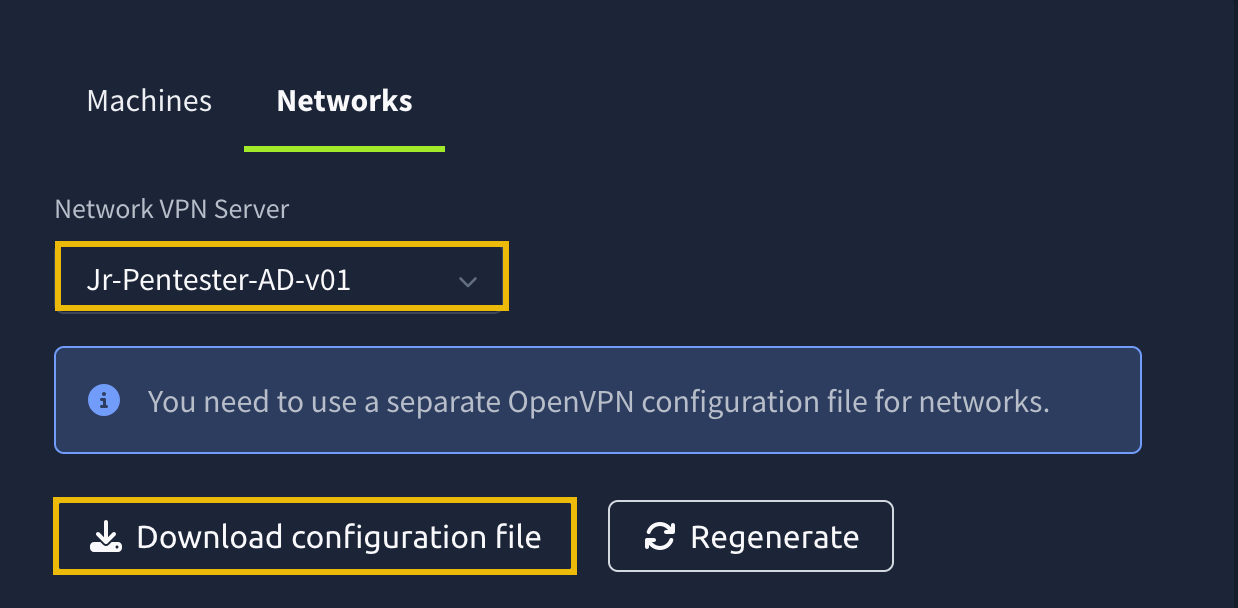 Under the Networks tab, you need to choose Jr-Pentester-AD-v01 and click the Download configuration file button.