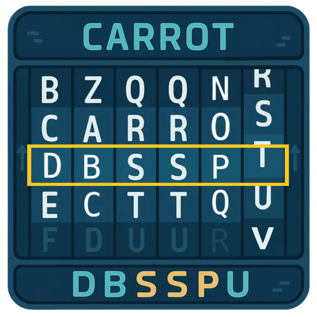 A visual aid showing the word CARROT changing to DBBSPU.