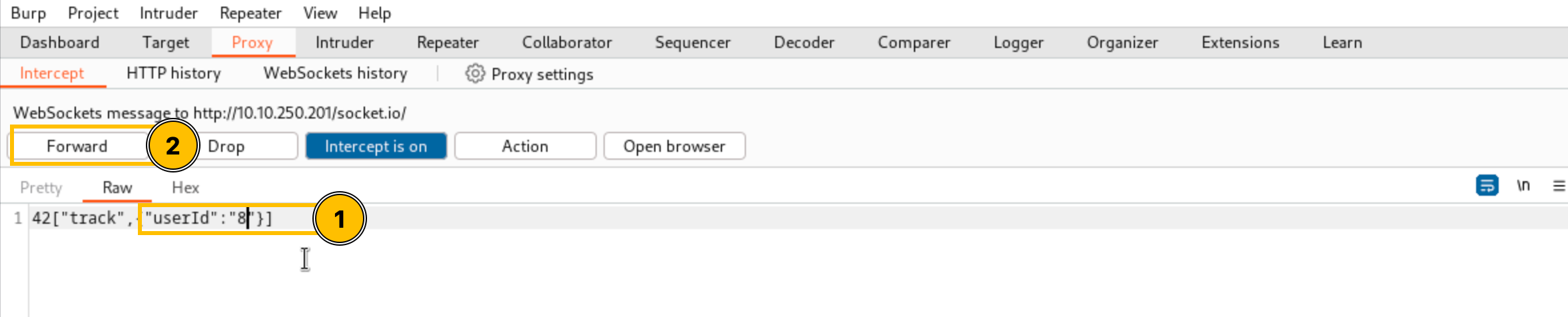 Manipulating the request to now track the user with ID number 8 and sending the request back.