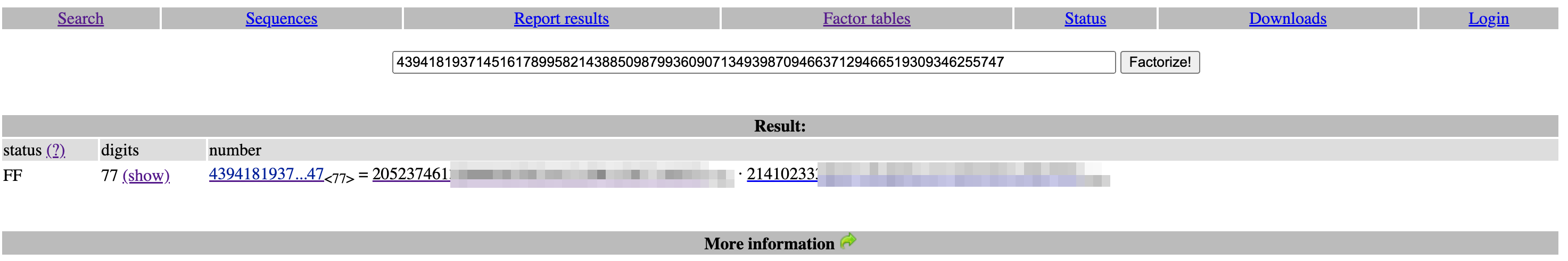 FactorDB showing the prime numbers