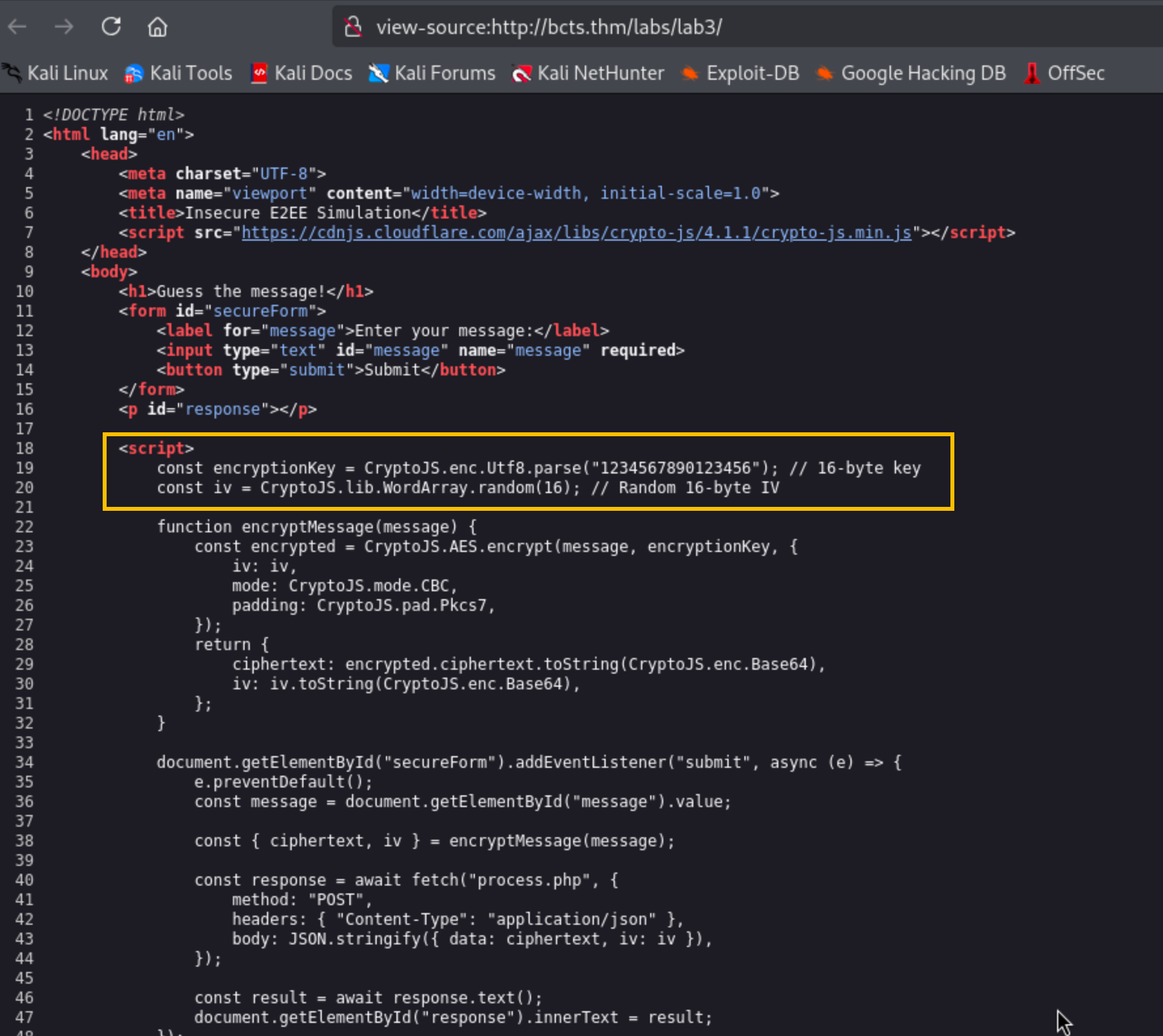 Source code of the site showing the encryption key
