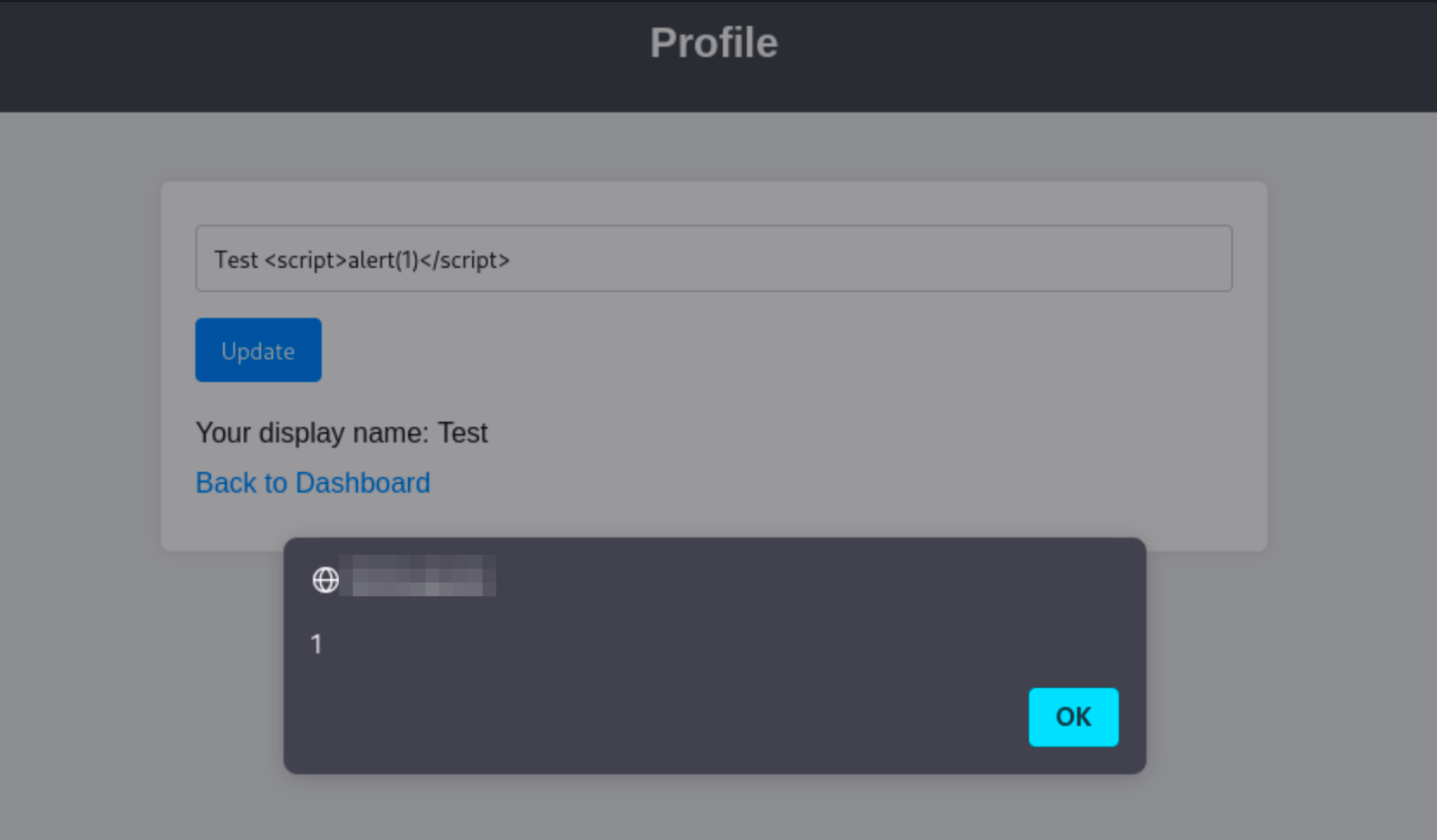 testuser loading the xss payload in the profile page