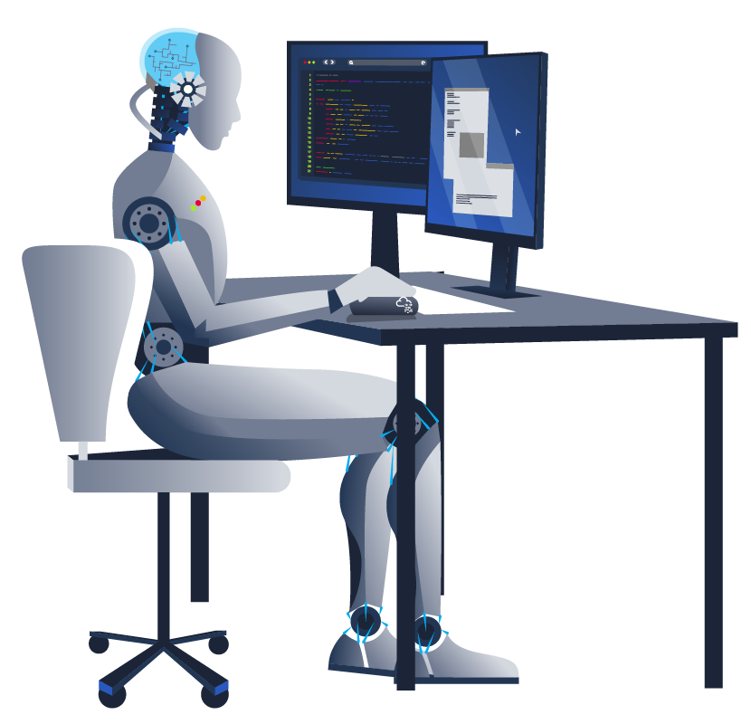 A humanoid robot is seated at a desk, working on a computer with two monitors.