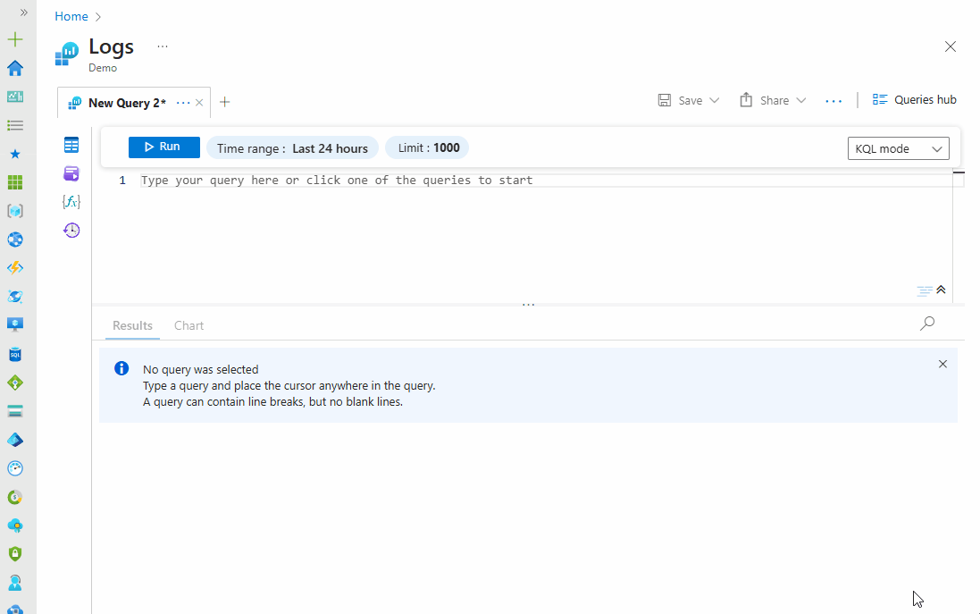 Log query interface. The interface shows a query editor with a query written in KQL (Kusto Query Language). SecurityEvent | where TimeGenerated > ago(1d) | summarize EventCount = count() by Computer | order by EventCount desc | limit 10 