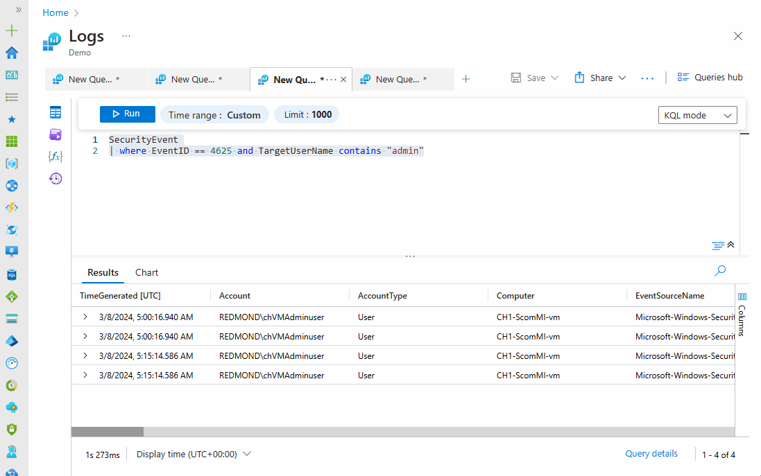 Log query interface displaying a Kusto Query Language (KQL) query and its results. The query filters for SecurityEvent where the EventID is 4625 and TargetUserName contains the term "admin."