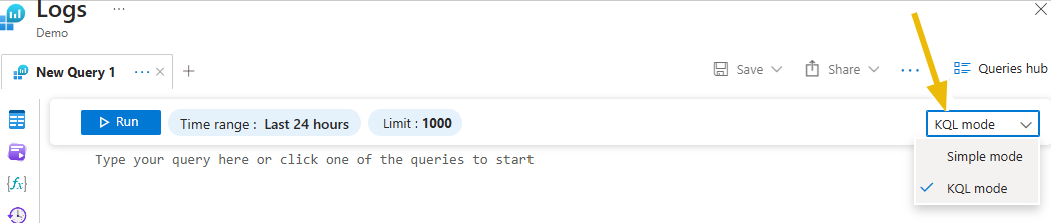 Log query interface in a software application. The interface shows a section titled "Logs Demo" with a tab named "New Query 1".