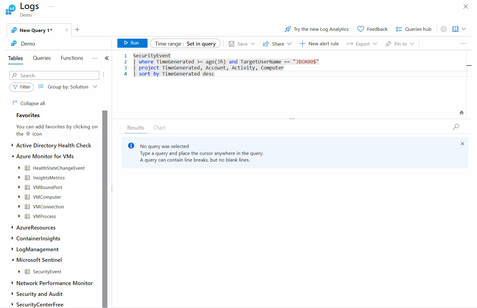 Log query interface displaying a query and its results. The query is written in Kusto Query Language (KQL) and filters security events where the time generated is within the last 3 hours and the target username is "JBOX00$."