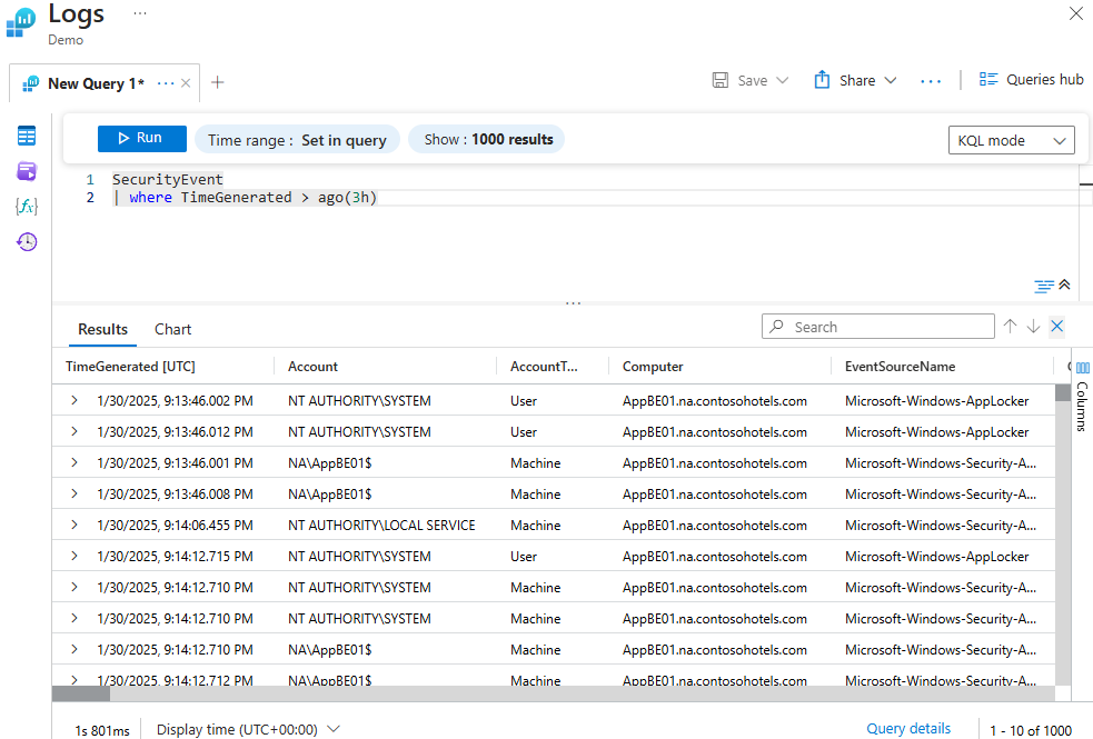 KQL query editor running the query: SecurityEvent | where TimeGenerated > ago(3h) 