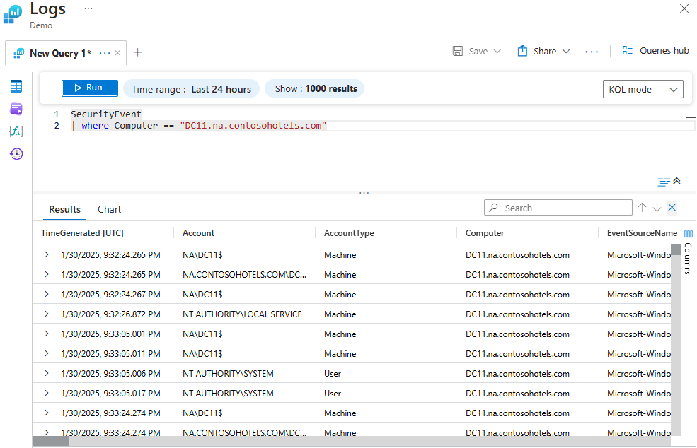 KQL query editor running the query: SecurityEvent | where Computer == "DC11.na.contosohotels.com"
