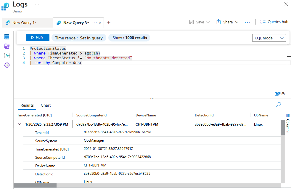 KQL query editor running the query: ProtectionStatus | where TimeGenerated > ago(1h) | where ThreatStatus != "No threats detected" | sort by Computer desc