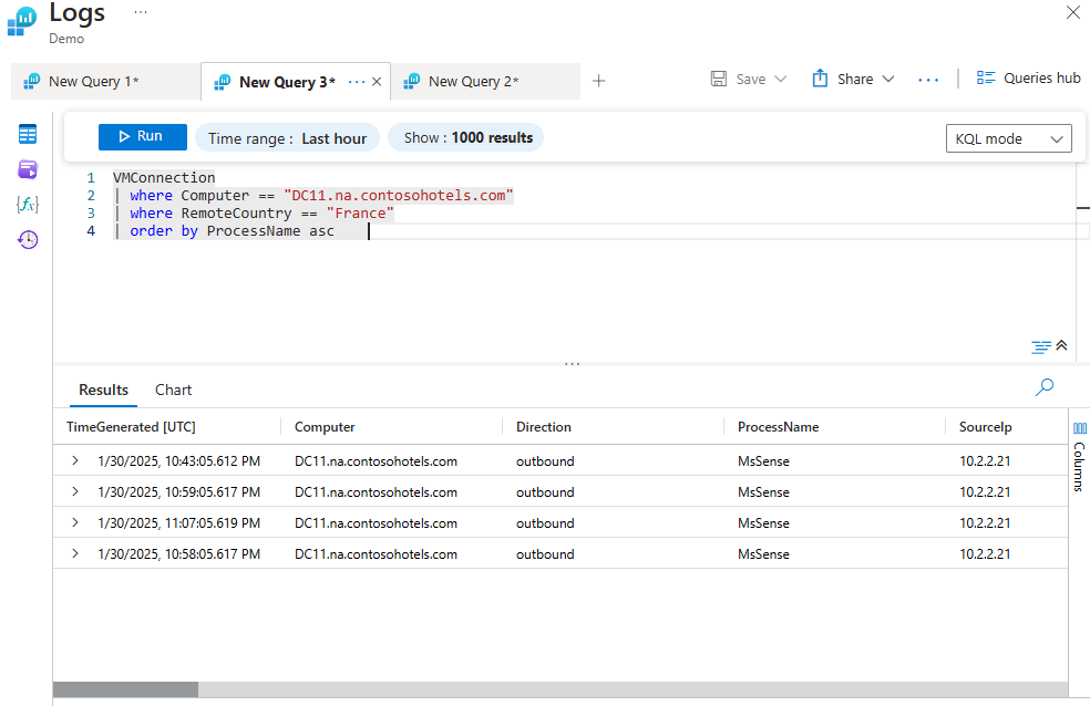 log query interface showing a query and its results. The query filters VMConnection logs where the computer is 'DC11.na.contosohotels.com
