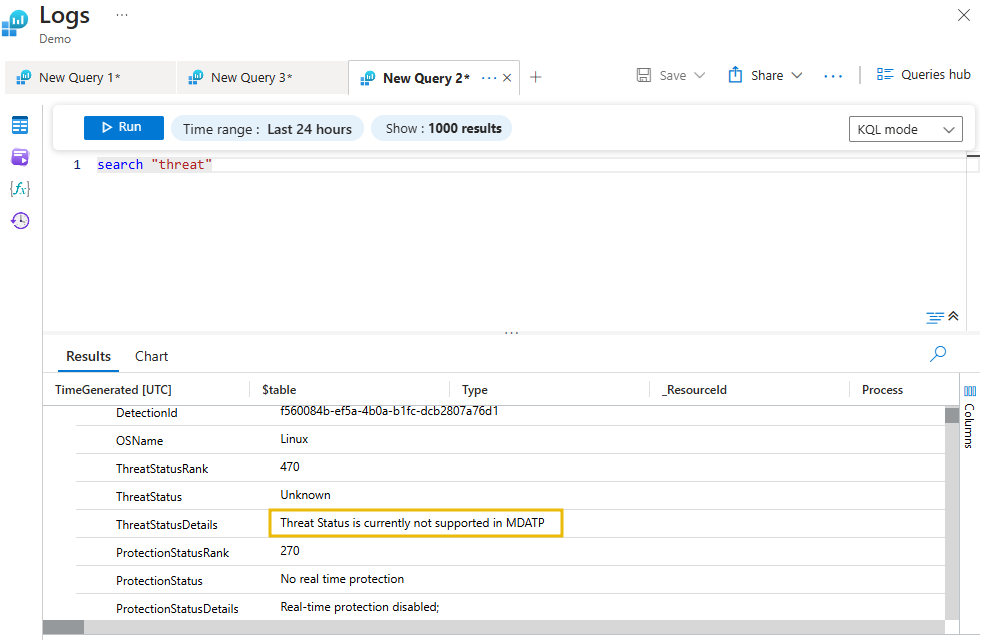 Log query interface showing a search for the term 'threat' within the last 24 hours.