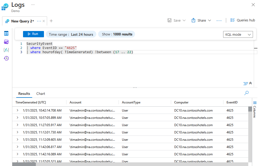 Log query interface showing KQL query and its results.