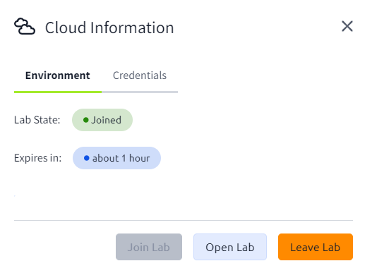 'Cloud Information' window showing the status of a lab environment. The 'Environment' tab is selected, and the 'Credentials' tab is not.