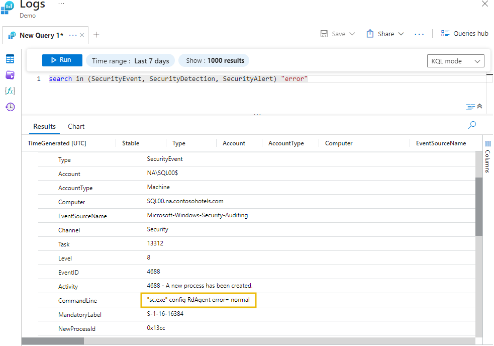 Log query interface showing a search query and its results. The query searches for the term 'error' within SecurityEvent, SecurityDetection, and SecurityAlert logs over the last 7 days.