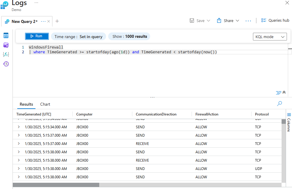 Log query interface showing running query and its results.
