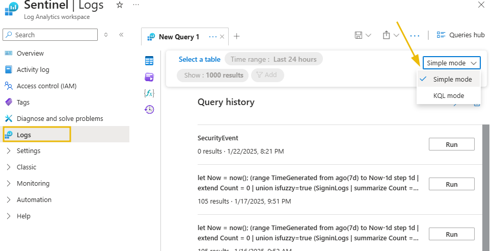 Microsoft Sentinel Logs interface within the Log Analytics workspace with logs highlighted