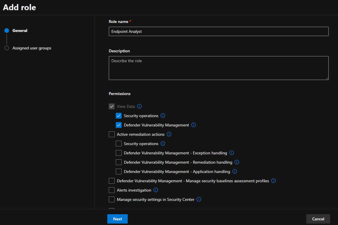 Microsoft defender XDR role settings screen showing the different permissions