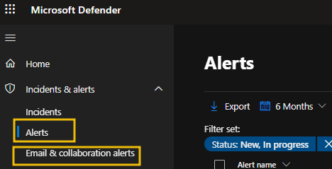 Microsoft Defender XDR portal highlighting Alerts, Email & collaboration alerts
