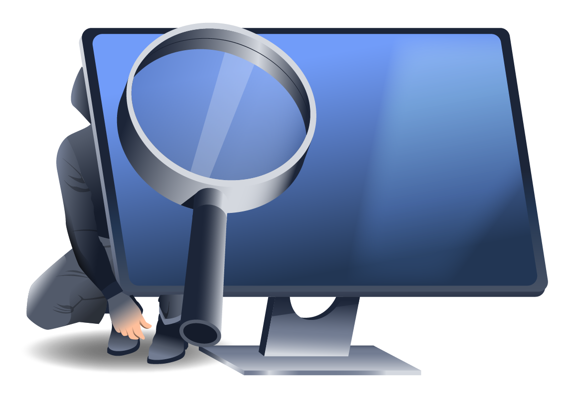 A person in a dark outfit crouching behind the monitor, partially visible on the left side.