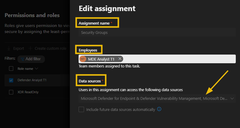 Edit assignment interface of Microsoft Defender XDR Role