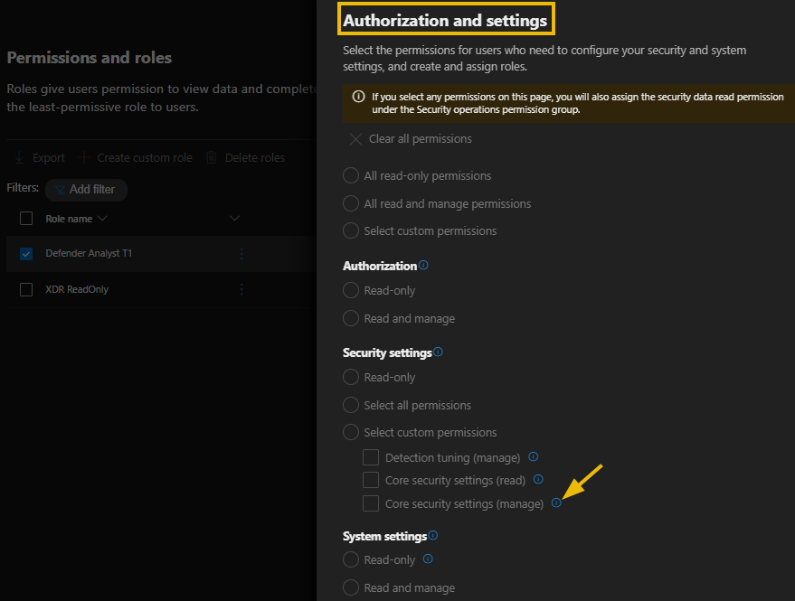 Authorization and settings permissions details screen showing each permission