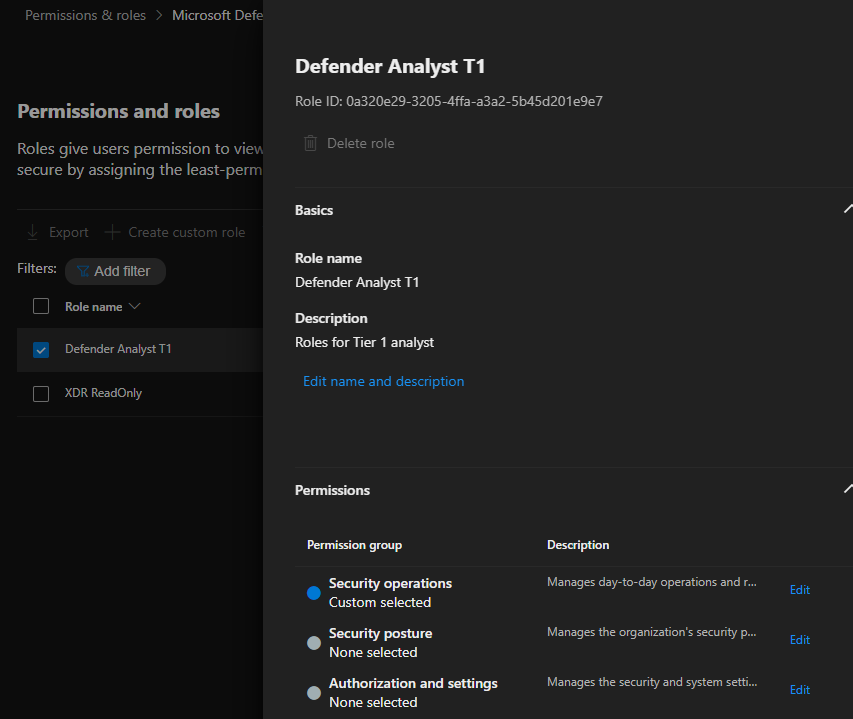 Permissions and roles with the role Defender Analyst T1 role selected showing the role details