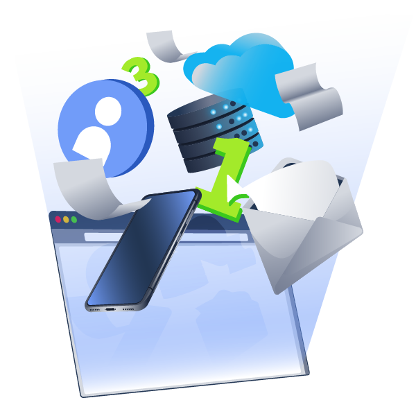 Multiple digital elements representing communication and security processes.
