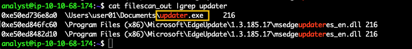 The image shows the output of the command cat filescan_out |grep updater, highlighting the path to updater.exe