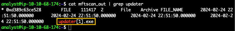 The image shows the output of the command cat mftscan_out | grep updater, highlighting the process updater.exe