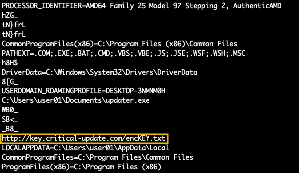 The image shows the output of the command strings pid.1612.dump |less, highlighting an URL http://key.critical-update.com/encKEY.txt