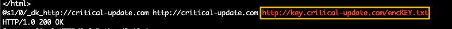 The image shows the output of the command strings pid.1612.dmp |grep -B 10 -A 10 http://key.critical-update.com/encKEY.txt
 highlighting the URL http://key.critical-update.com/encKEY.txt