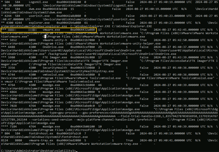 Screenshot displaying the output of the command python vol.py -f ..\memdump.mem windows.pstree. The process vmware.exe is being highlighter, the PID is blurred 