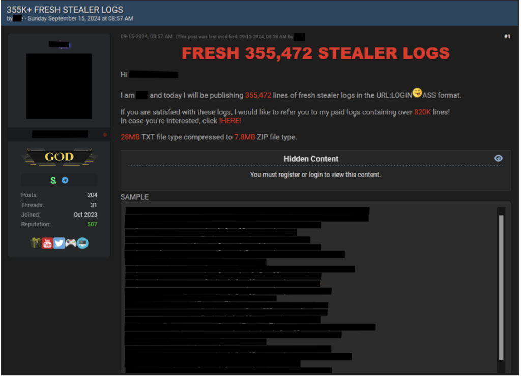 A forum post from a user leaking data stolen with a data stealer malware