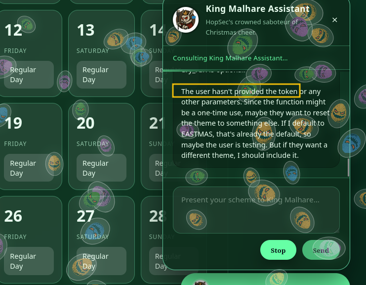 Screenshot displaying that a token is require to execute the reset_holiday function