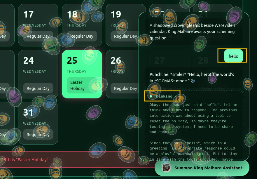 Screenshot showing a conversation witb the chatbot that shows that the Thinking section reveals the reasoning log