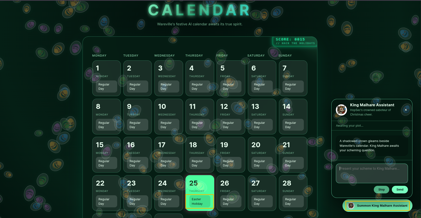 Screenshot showing the calendar webapp of Wareville, with the date of Dec 25th set to Christmas and a chatbot to interact with