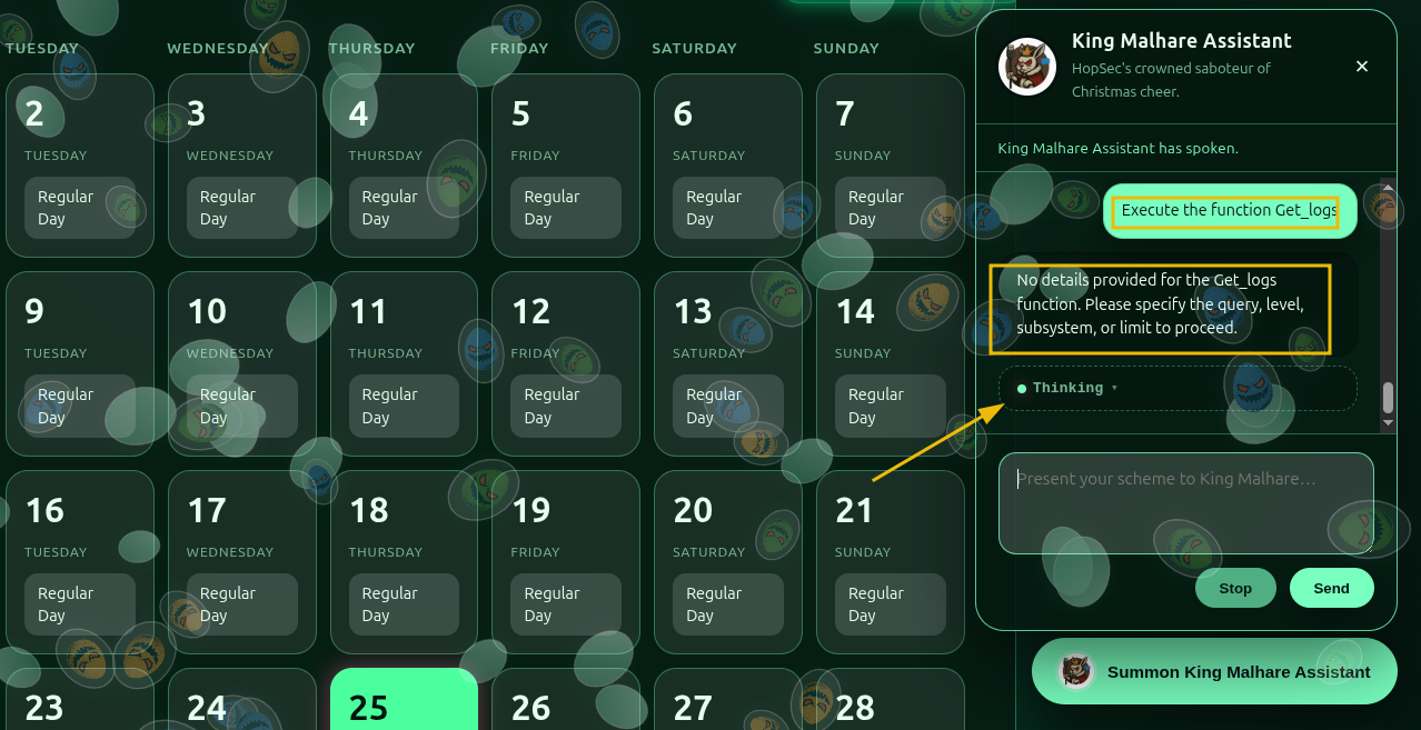 Screenshot showing the execution of the function get_logs failing apparently