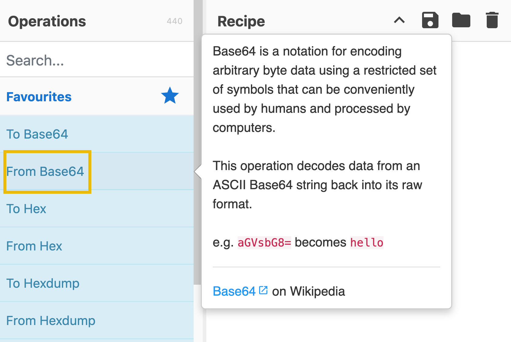 Hovering to an operation in CyberChef tool.