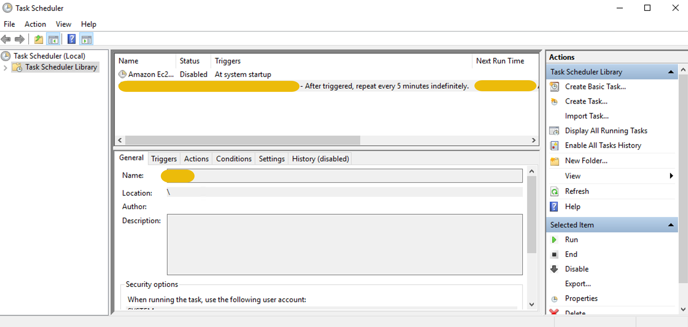 Attacker's scheduled task in the Task Scheduler application.