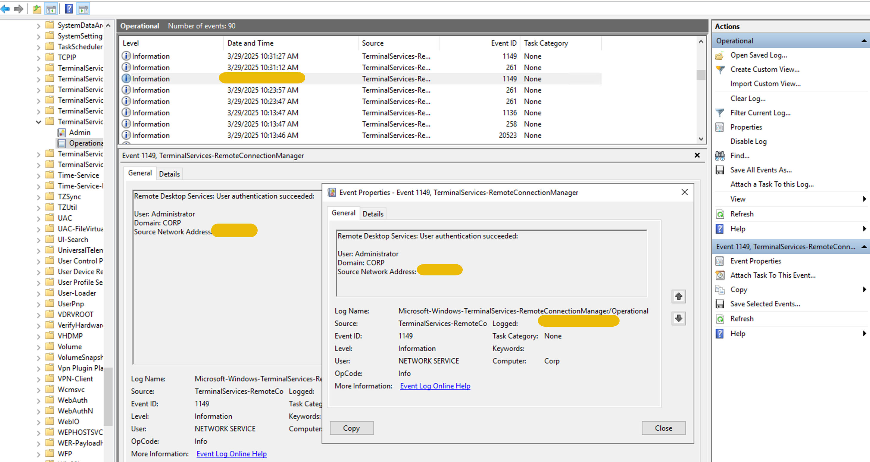 Event Viewer application showing the log of  successful RDP attempt.