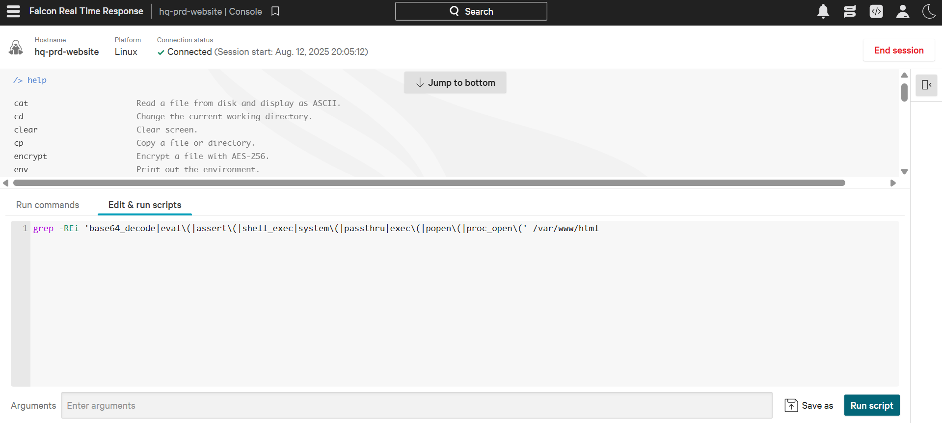 CrowdStrike Falcon EDR's RTR (Real Time Response) console.