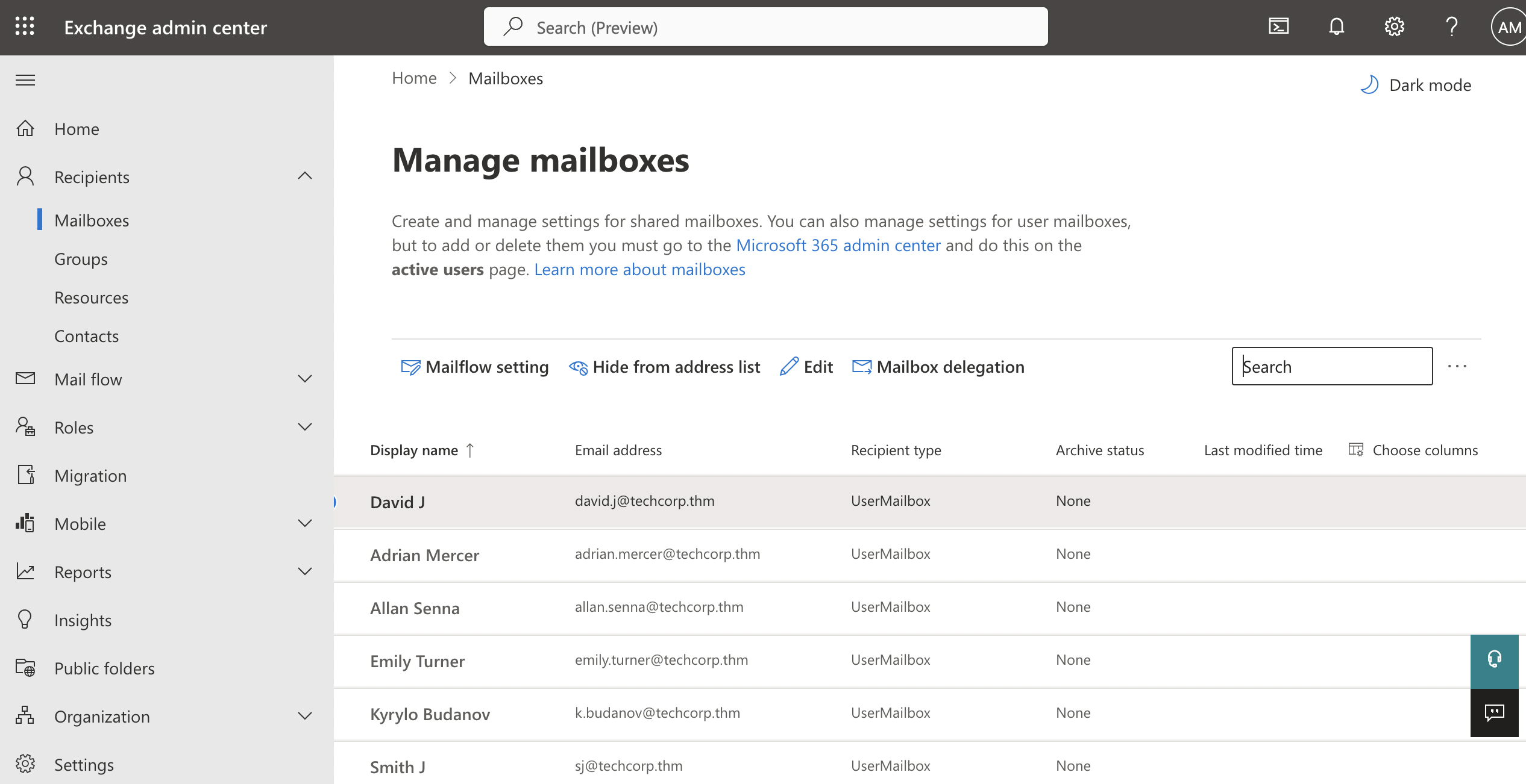 Exchange admin center showing all the mailboxes.