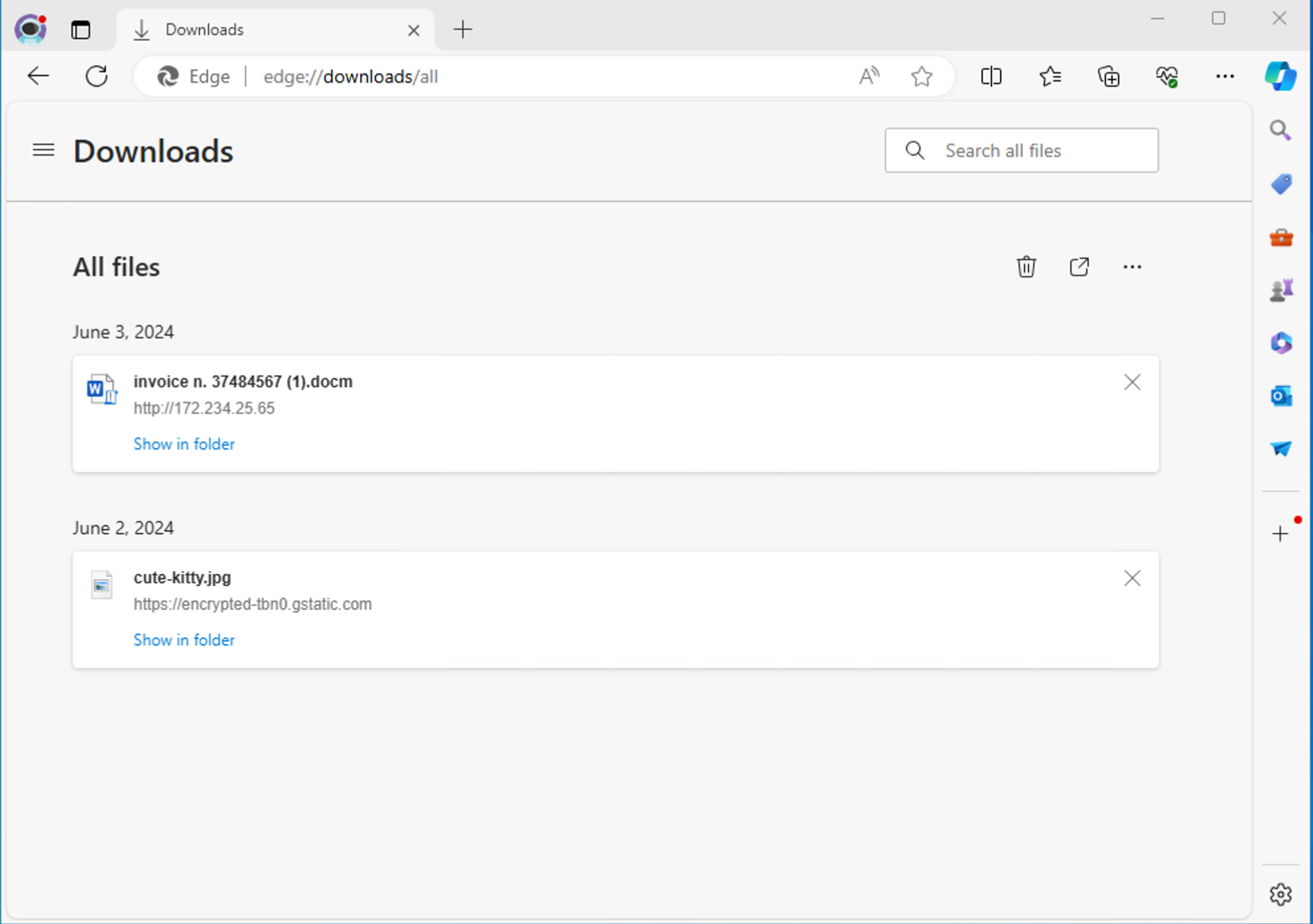 An Edge browser window with a Downloads tab open. The page displays a list of files. The first file is named 'invoice n. 37484567 (1).docm', downloaded from the URL 'http://172.234.25.65'.