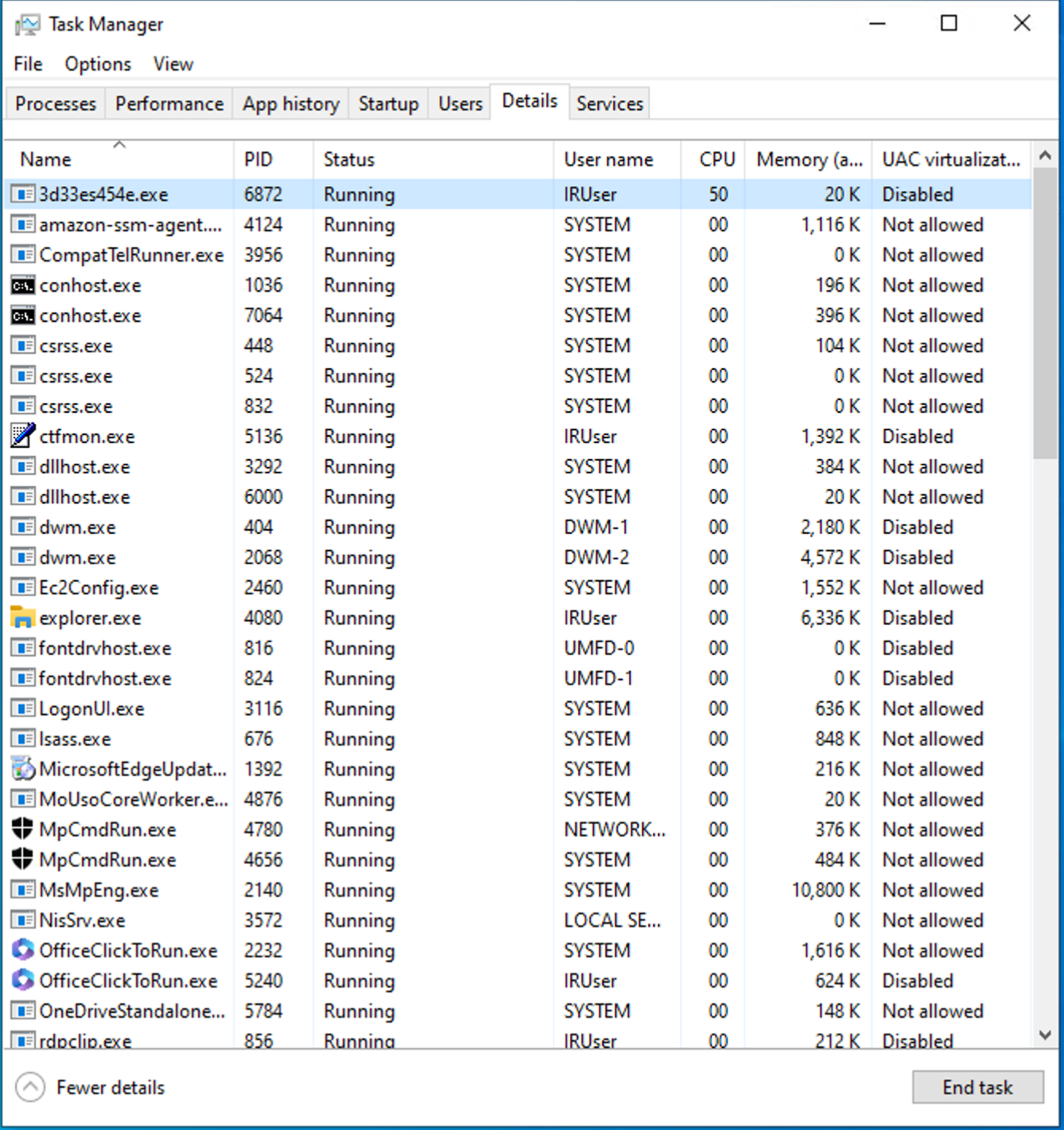 The Windows Task Manager displaying the 'Details' tab shows PID, Status, User name and other information about various running processes. The highlighted process with the name '3d33es454e.exe' has the PID equal to 6872 and the User name equal to IRUser.