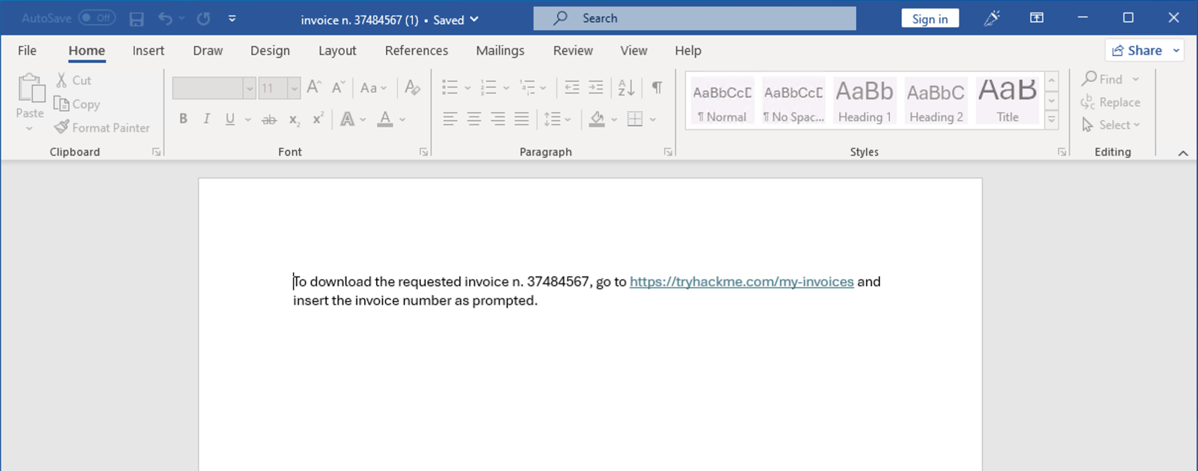 A Microsoft Word window open on a document with the name 'invoice n. 37484567 (1)'. The text in the body of the document reads: 'To download the requested invoice n. 37484567, go to https://tryhackme.com/my-invoices and insert the invoice number as prompted'.