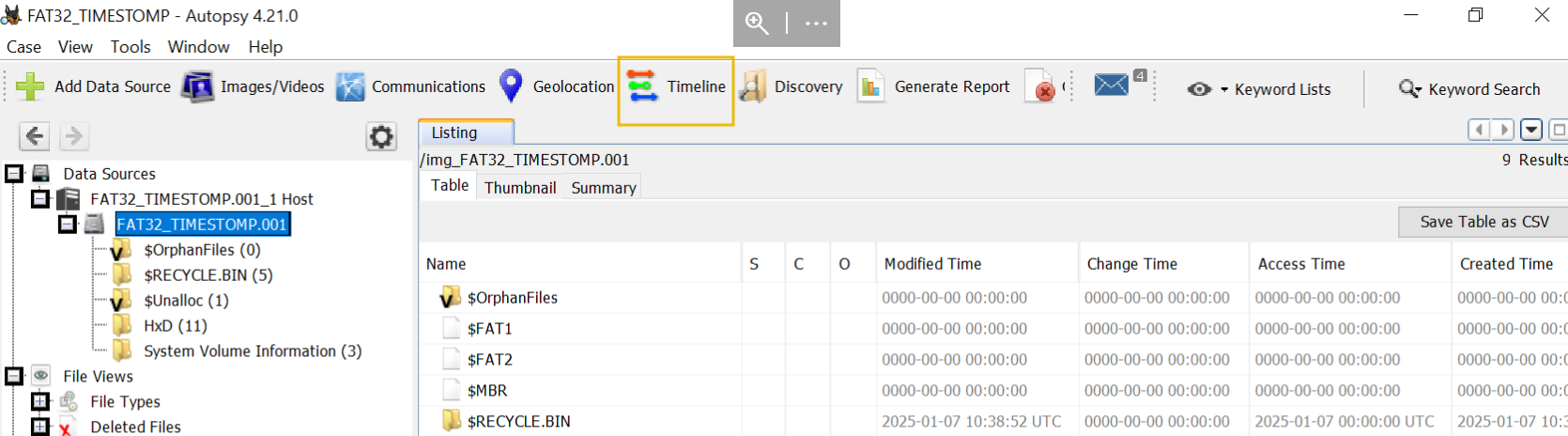 Autopsy: Case - Main - Timeline button in toolbar